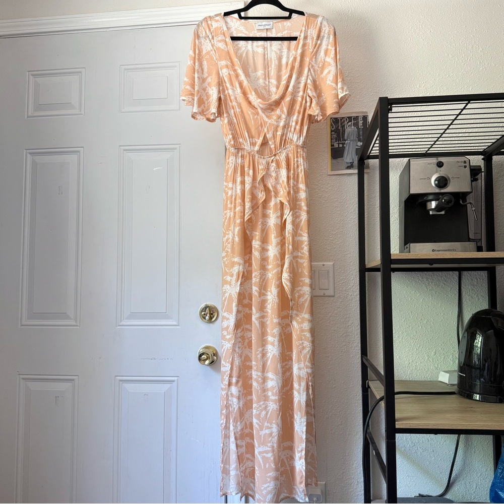MIRAMAR peach pink orange white tropical Hawaiian palm tree flutter sleeve maxi